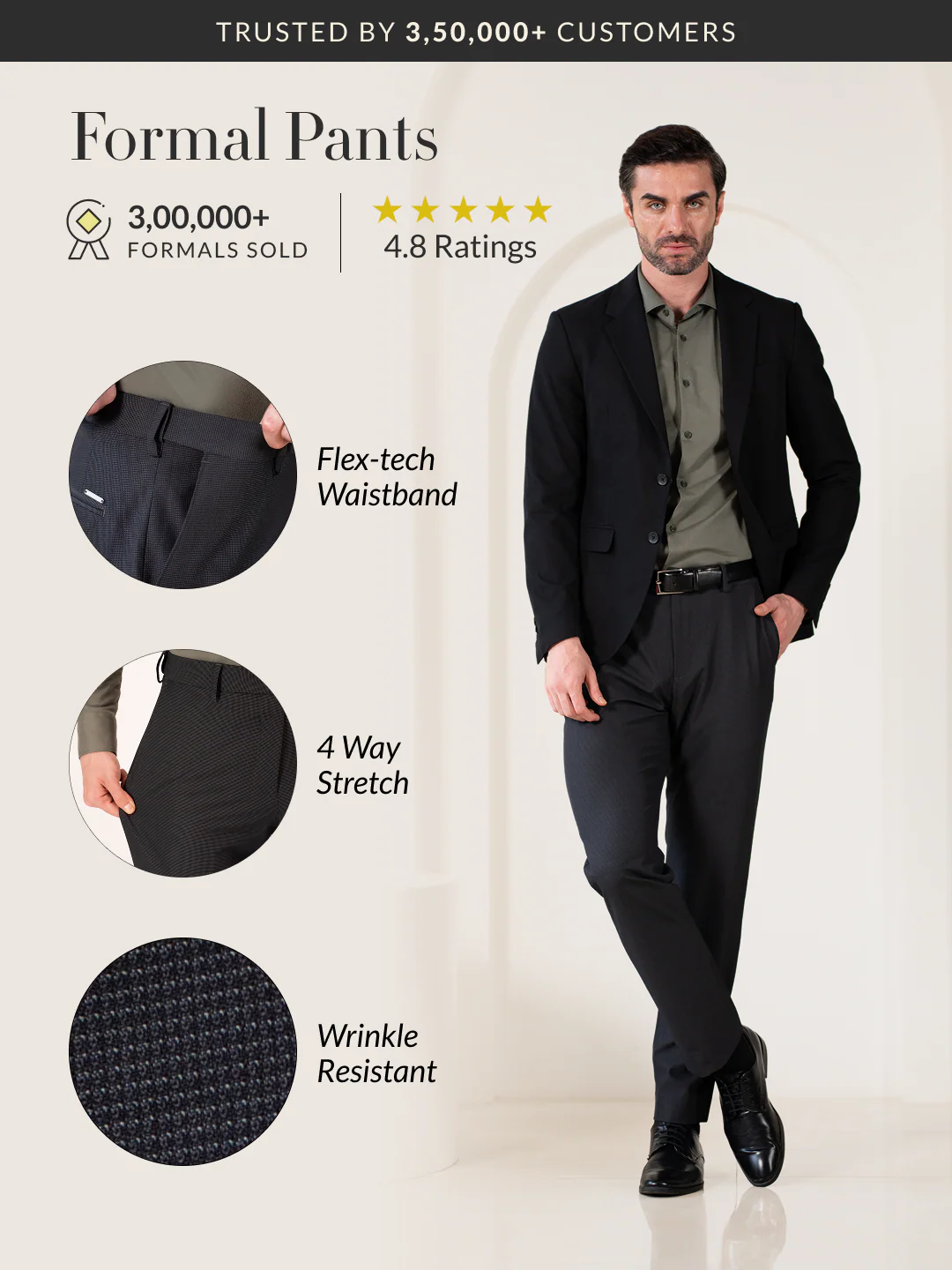 Aether Black Micro Checks Relaxed Stretch Fit Formal Pants - Image 2