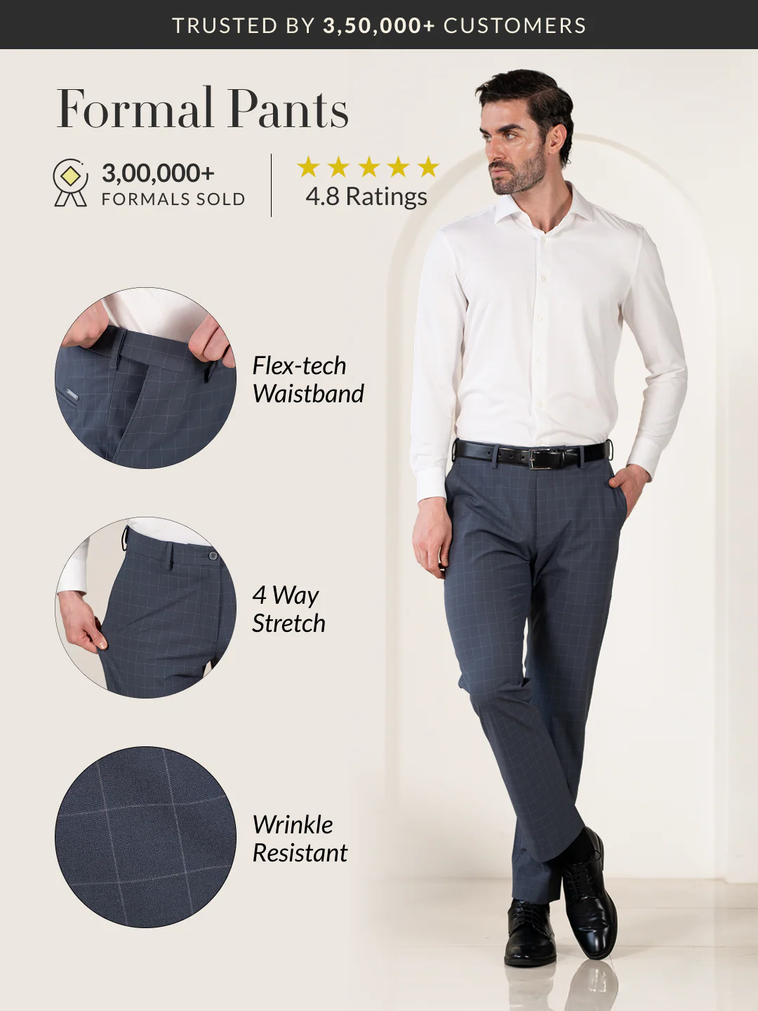 Architect Grey Checks Relaxed Fit Stretch Formal Pants - Image 2
