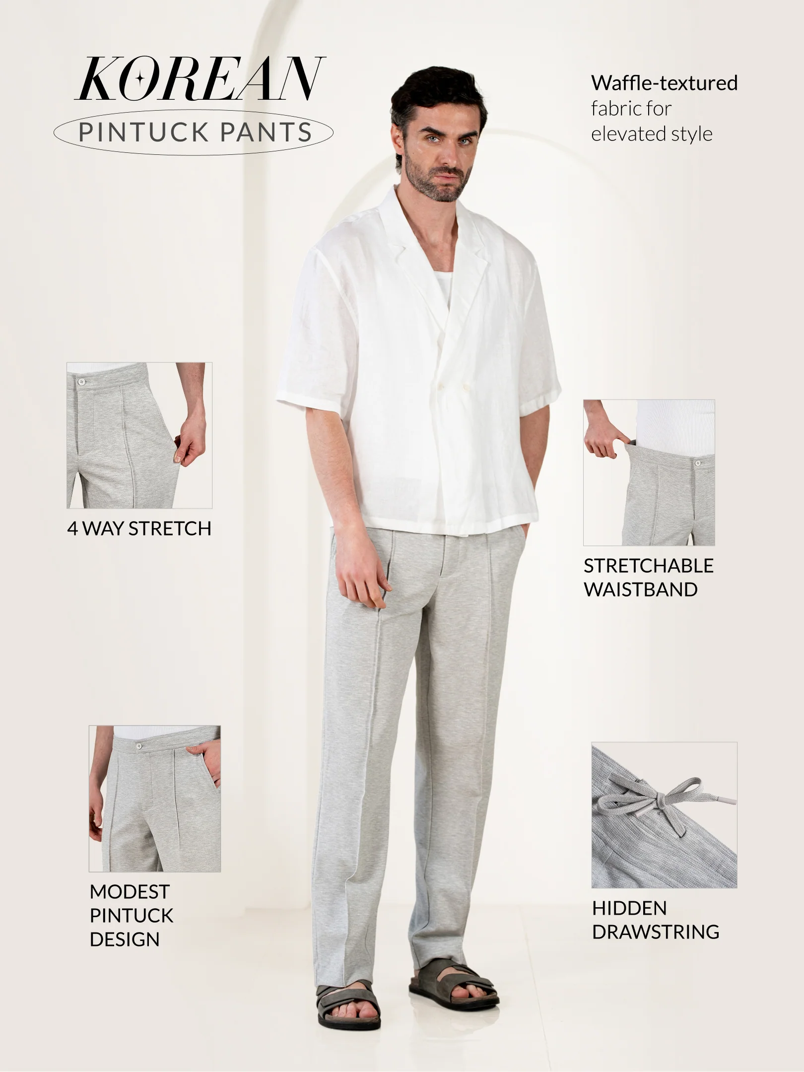 Aurest Grey Relaxed Fit Power Stretch Korean Pintuck Pants - Image 3