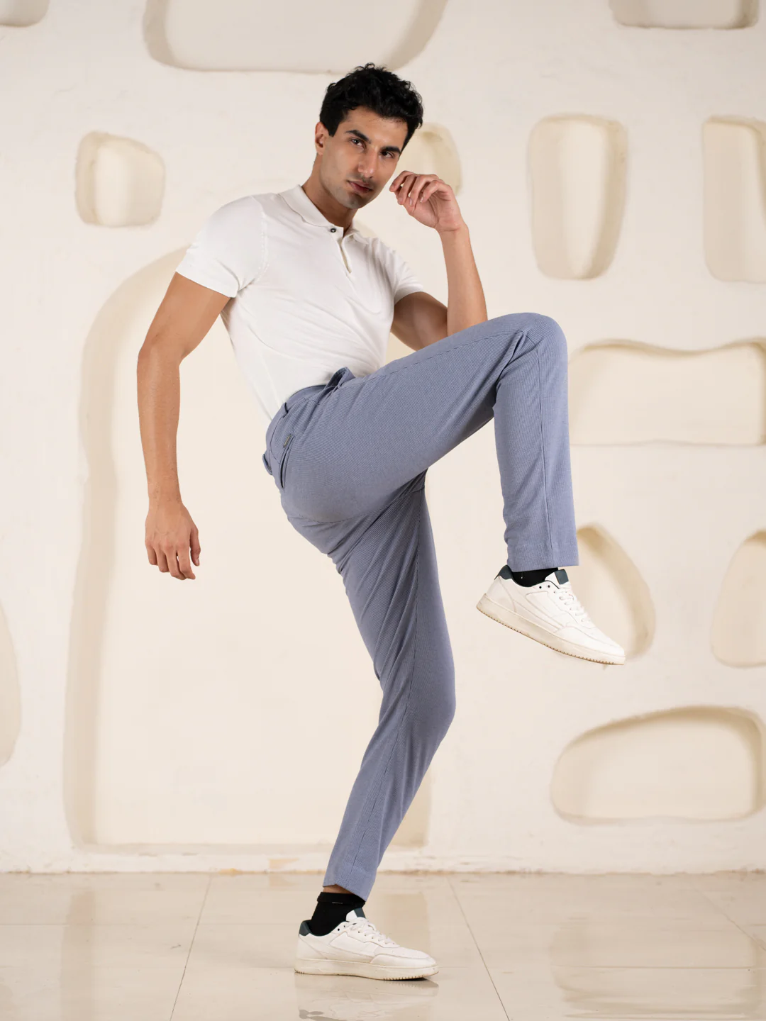 Bassline Blue Houndstooth Slim Fit Power Stretch Pants - Image 3
