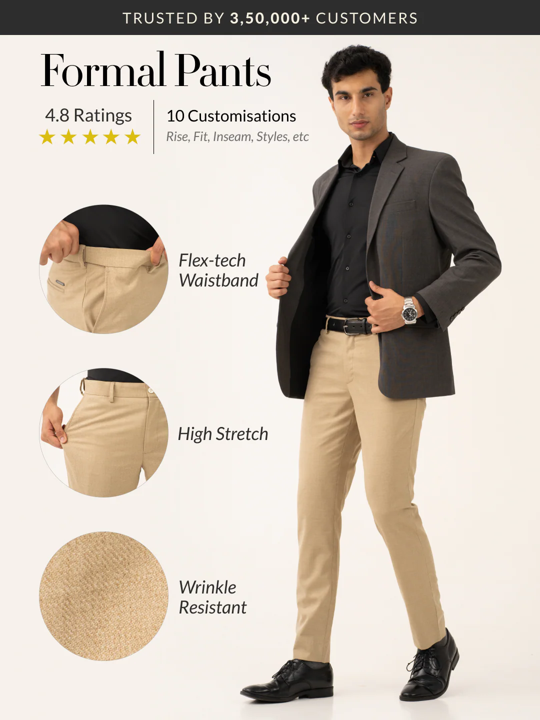 Bastian Khaki Melange Stretch Formal Pants - Image 2