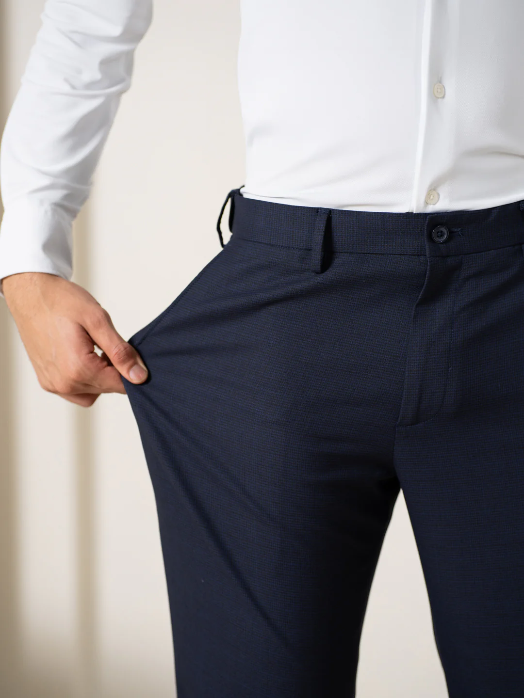 Bernard Navy Houndstooth Relaxed Fit Stretch Formal Pants - Image 3