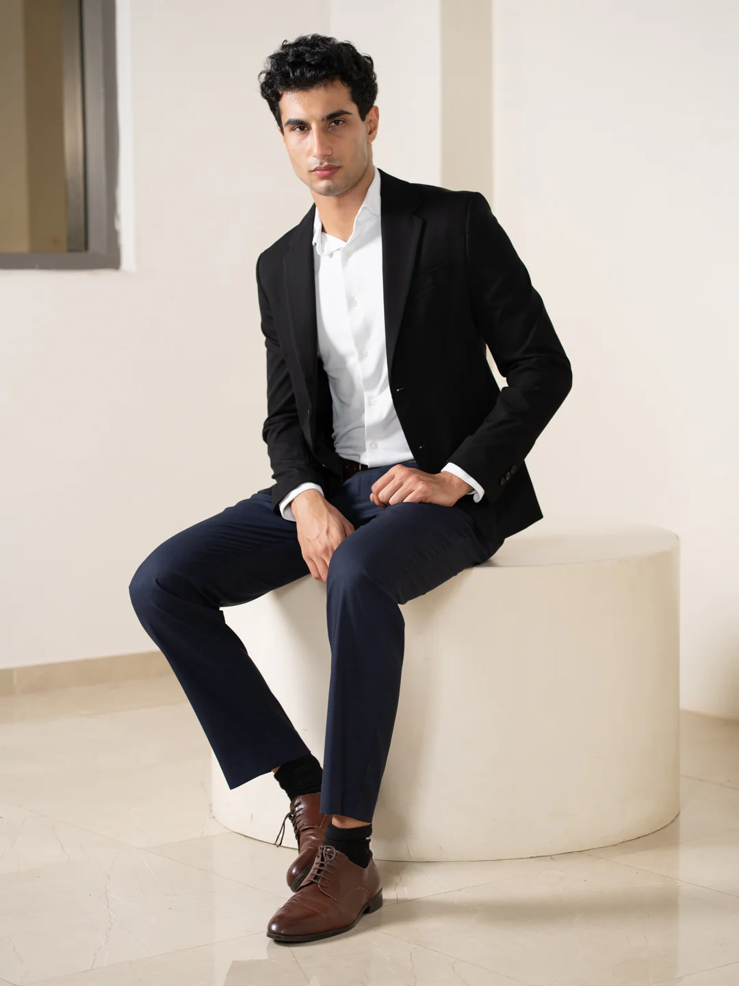 Bernard Navy Houndstooth Relaxed Fit Stretch Formal Pants - Image 5