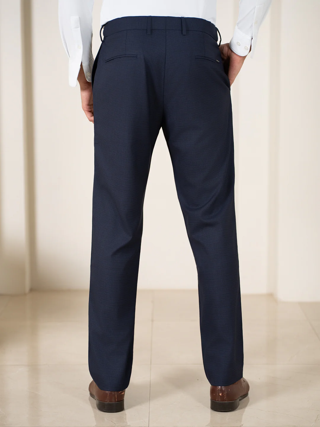 Bernard Navy Houndstooth Relaxed Fit Stretch Formal Pants - Image 6