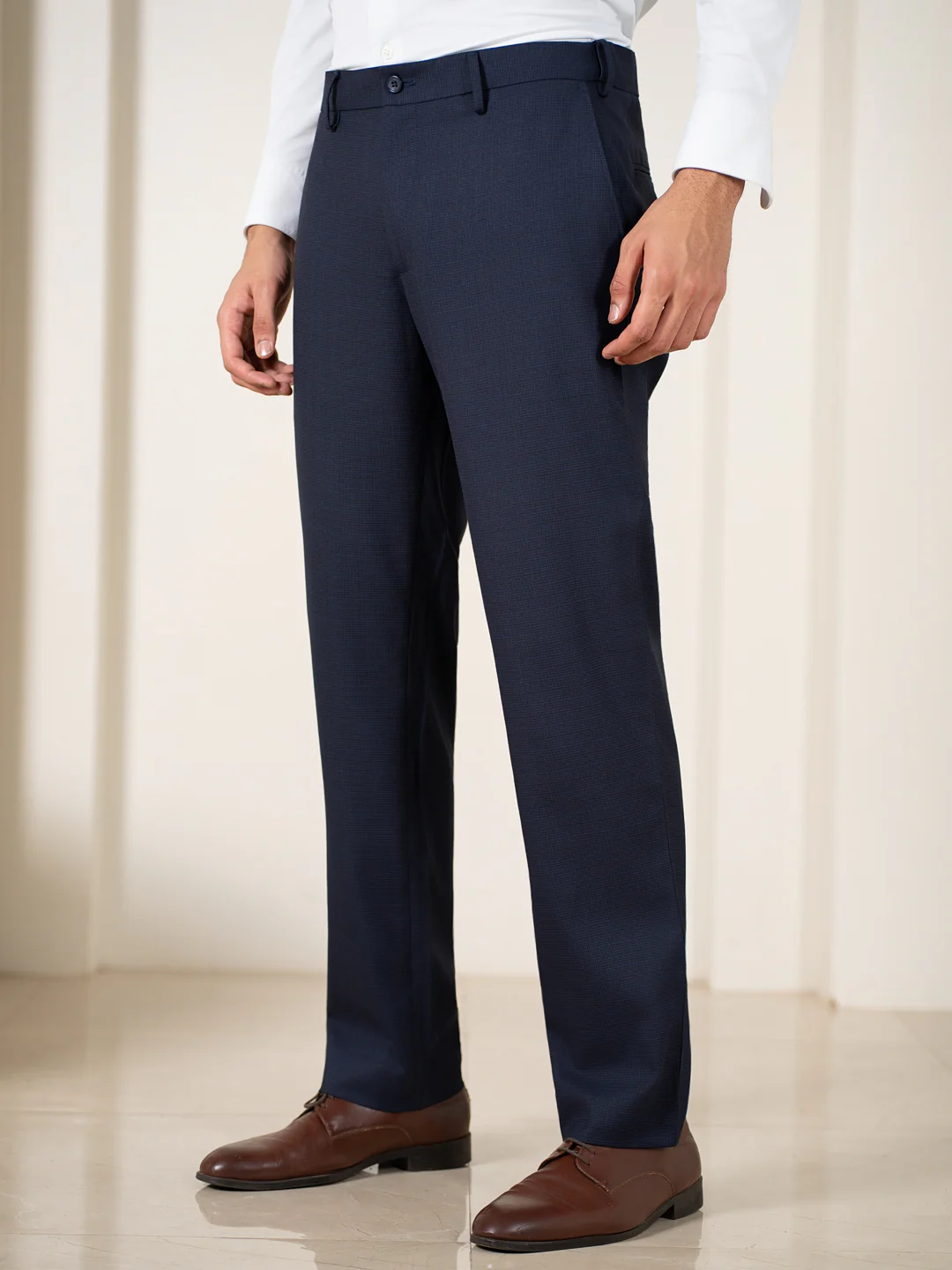 Bernard Navy Houndstooth Relaxed Fit Stretch Formal Pants - Image 8