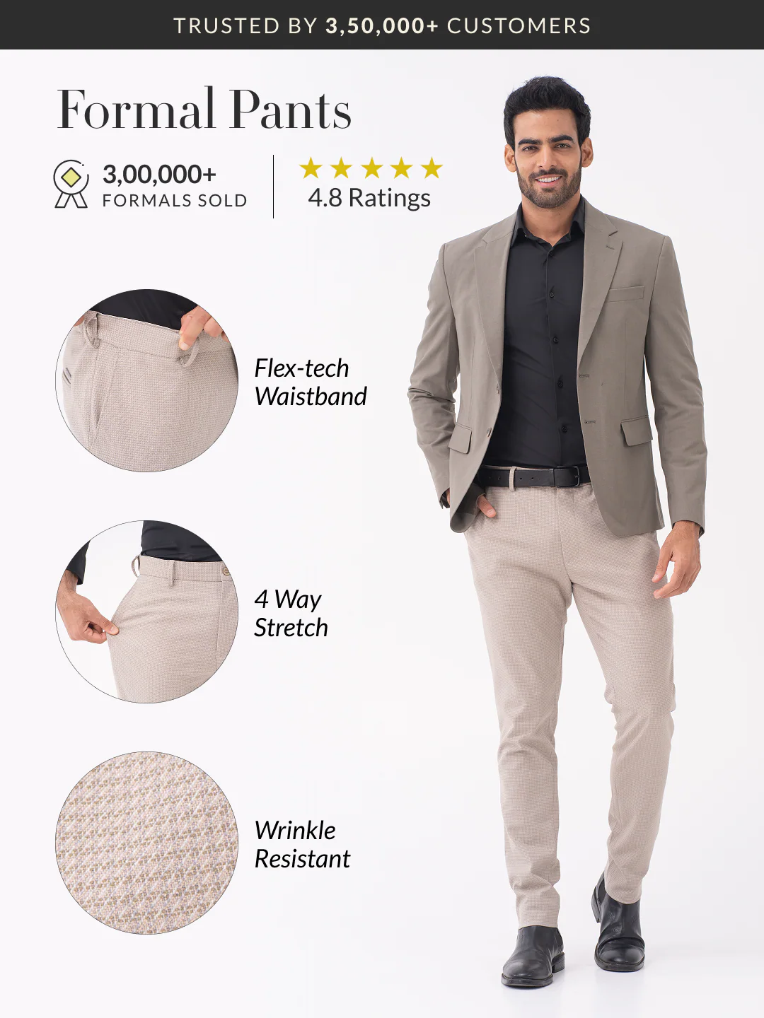 Bison Beige Textured Slim Fit Stretch Formal Pants - Image 2