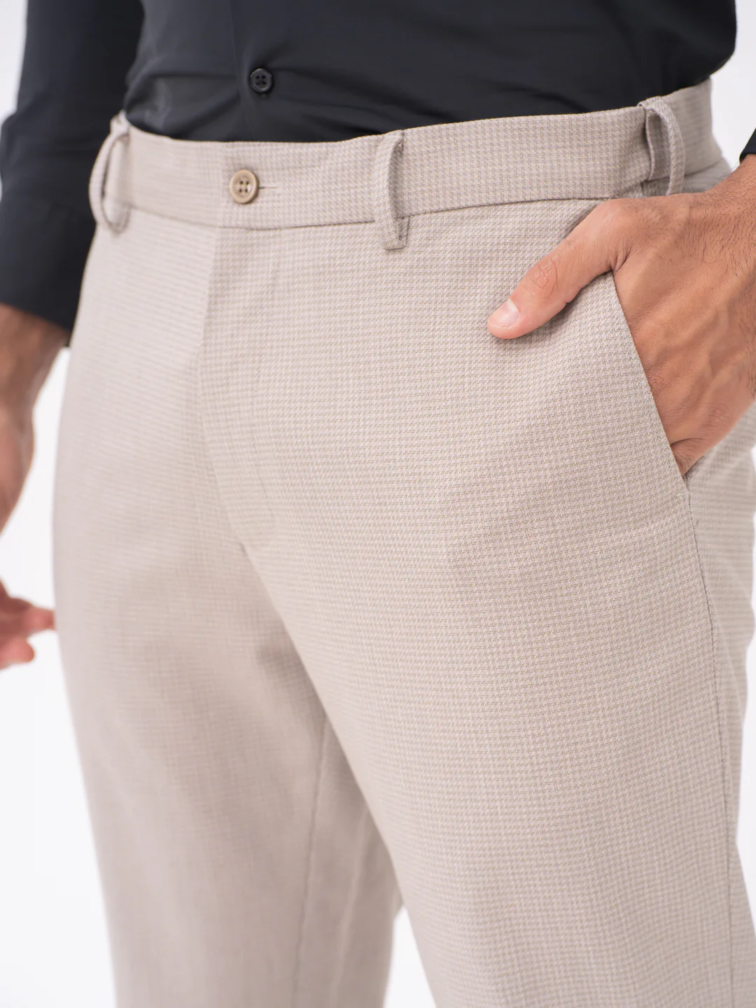 Bison Beige Textured Slim Fit Stretch Formal Pants - Image 5