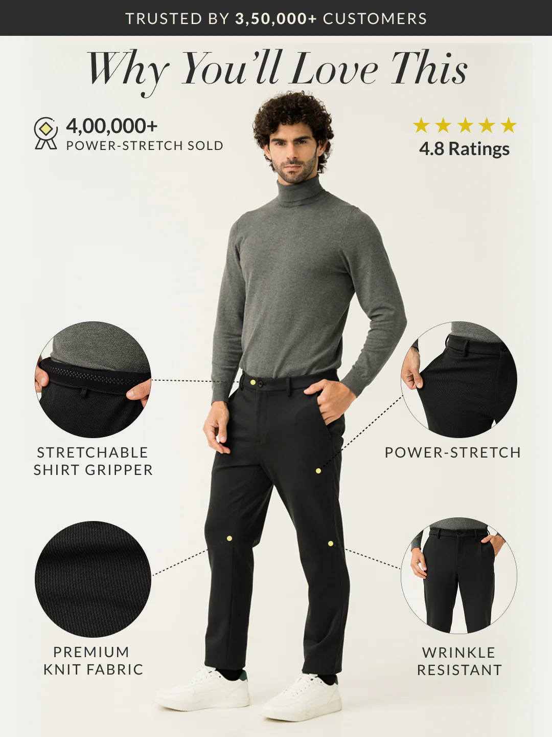 Black Twill Structured Slim Fit Power Stretch Pants - Image 3