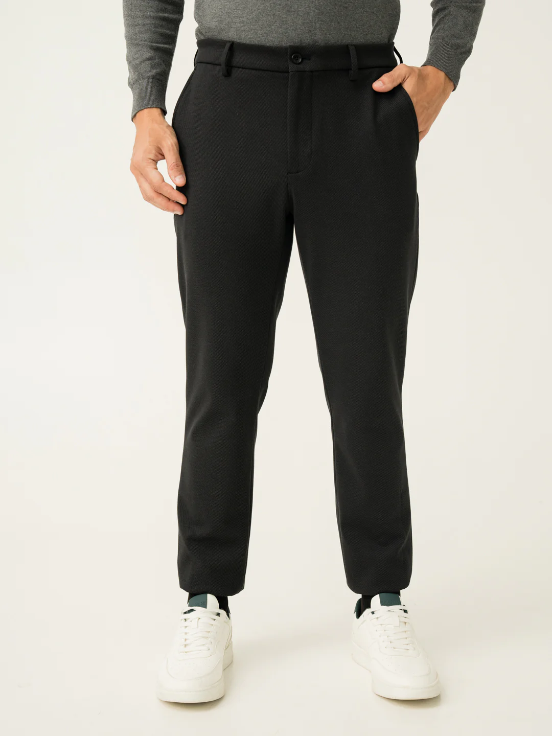 Black Twill Structured Slim Fit Power Stretch Pants - Image 4