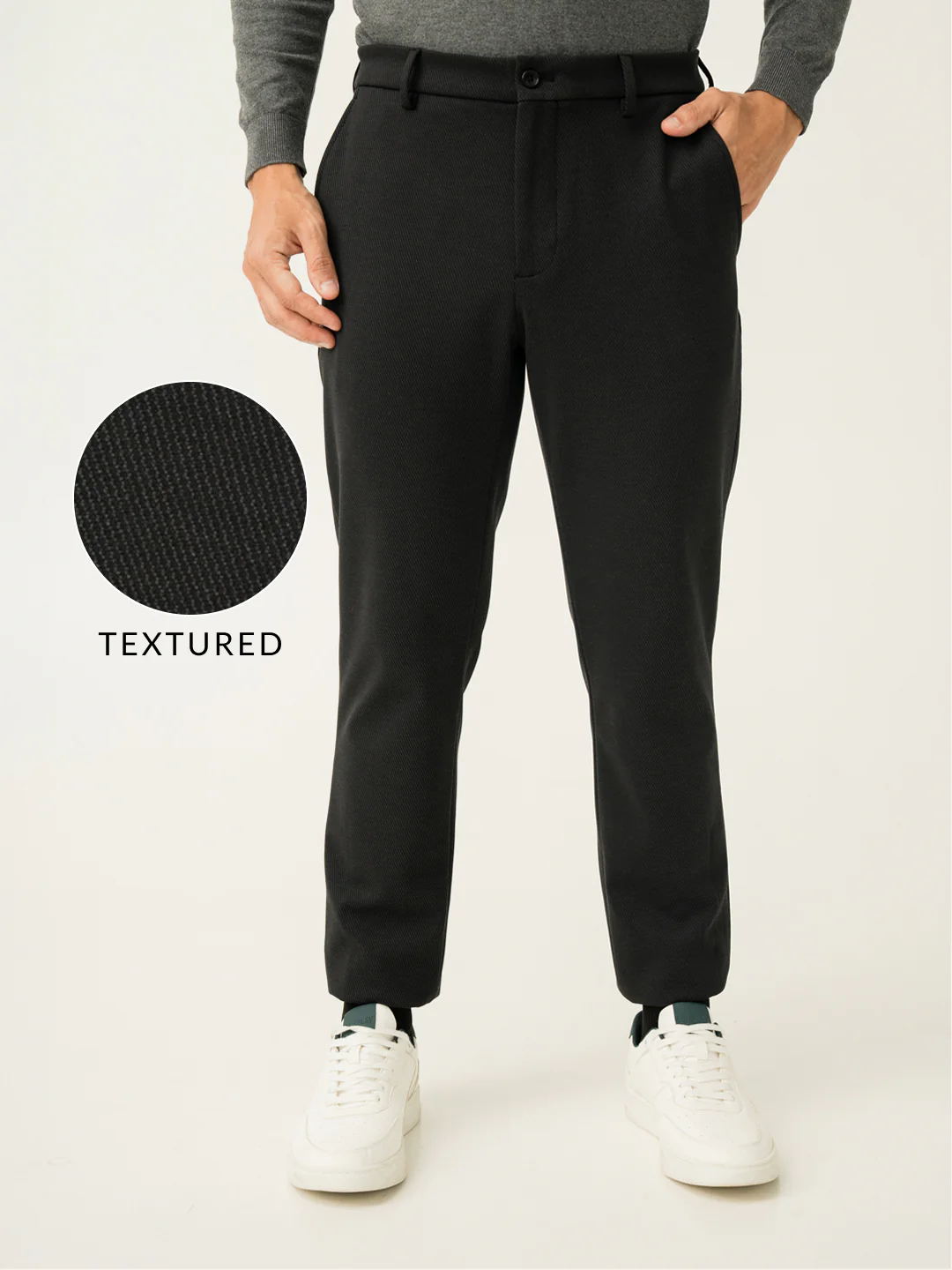 Black Twill Structured Slim Fit Power Stretch Pants - Image 6
