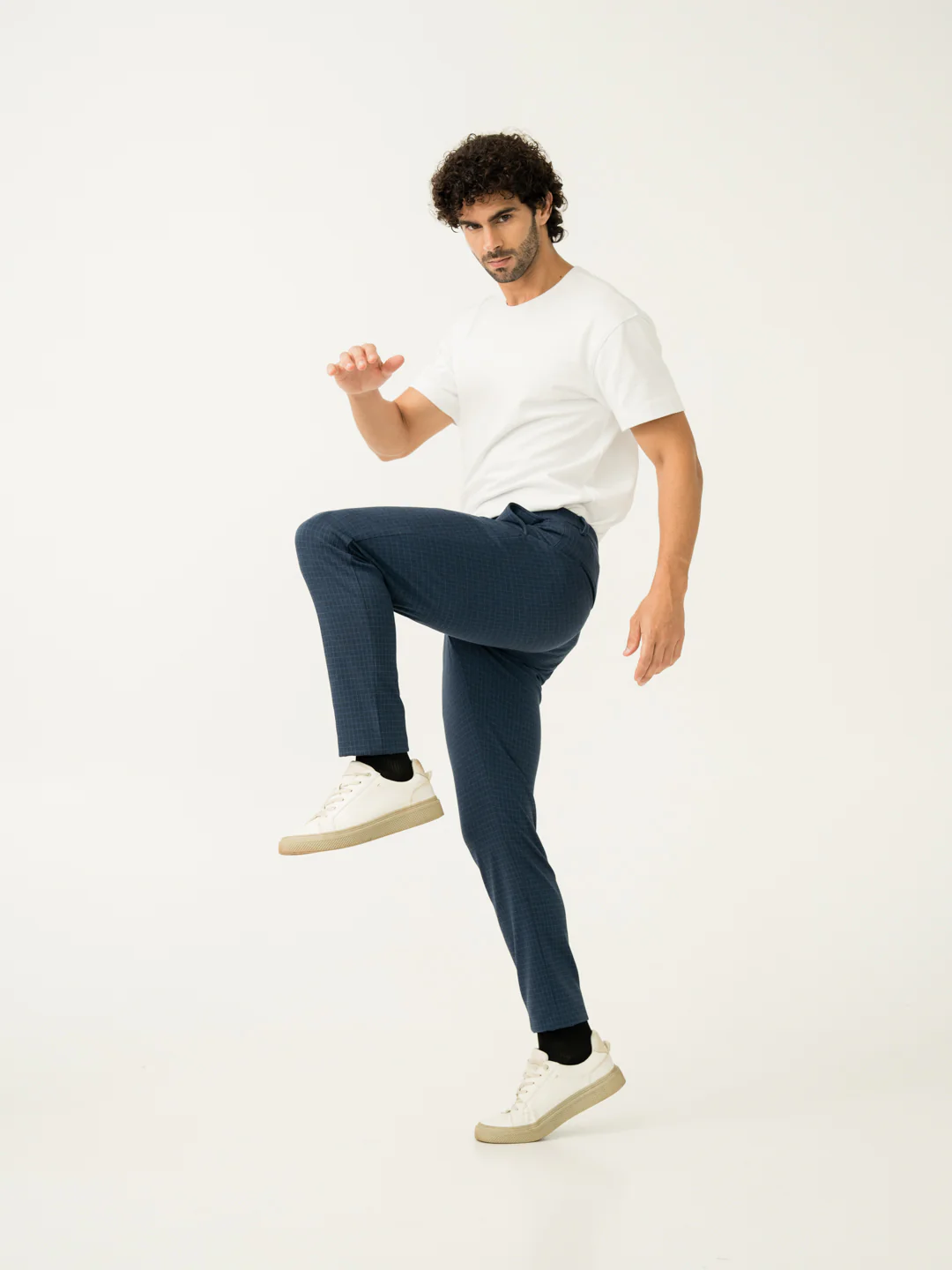 Medium Blue Checks Slim Fit Power Stretch Pants - Image 3