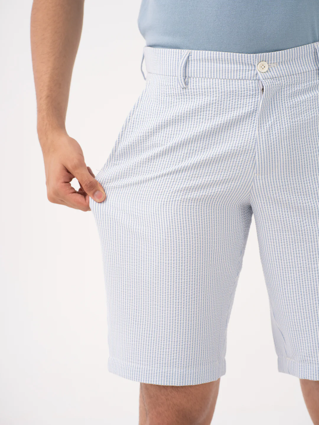 Breeze Blue Stripes Seersucker Chino Shorts - Image 5