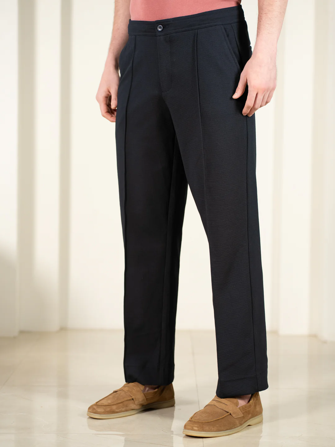Brooke Navy Relaxed Fit Power Stretch Korean Pintuck Pants - Image 12