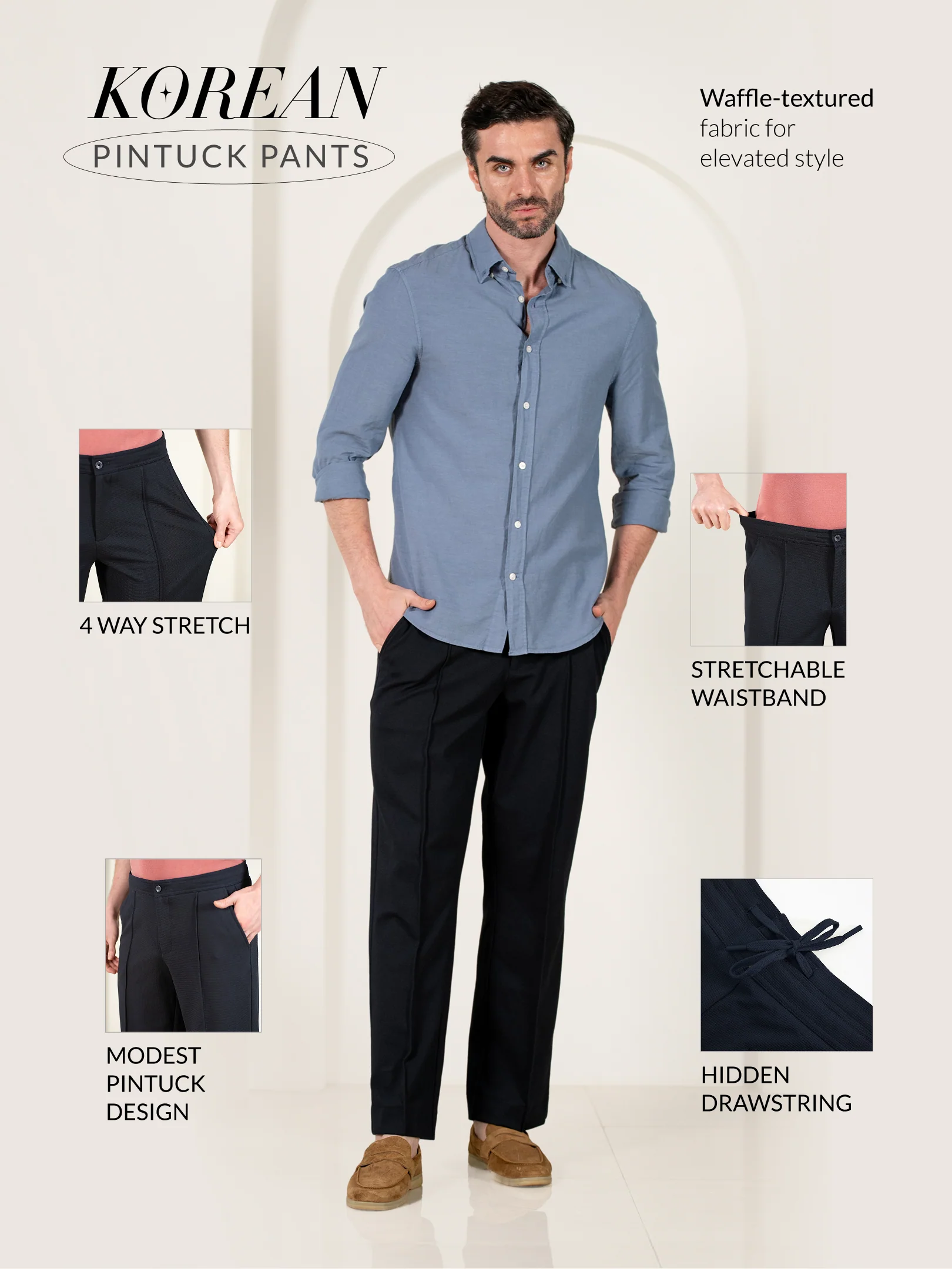Brooke Navy Relaxed Fit Power Stretch Korean Pintuck Pants - Image 3
