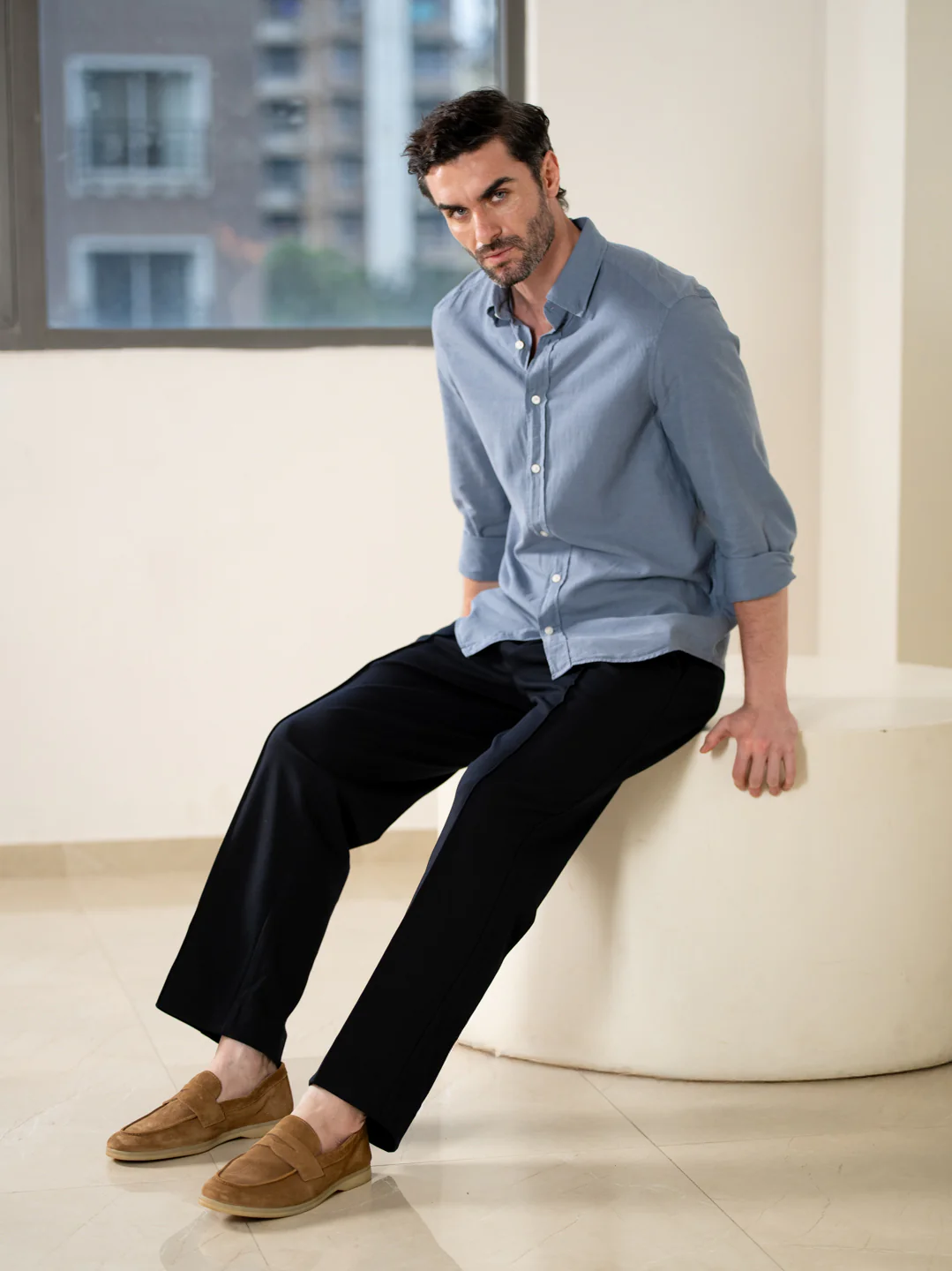 Brooke Navy Relaxed Fit Power Stretch Korean Pintuck Pants - Image 8