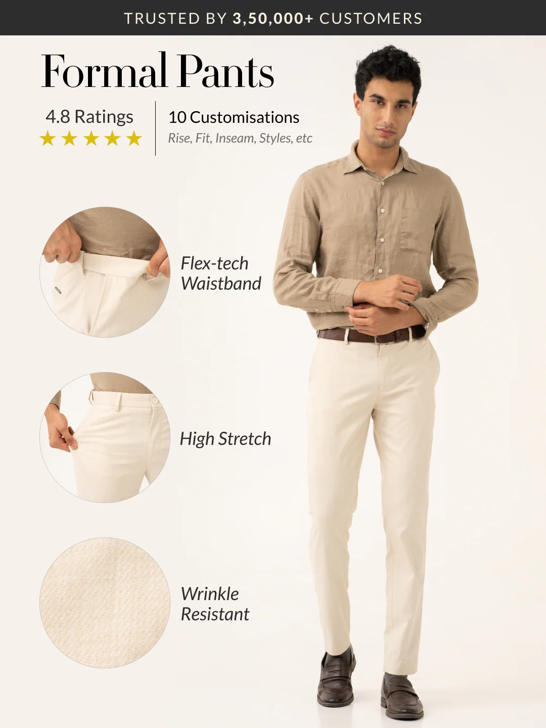 Buff Beige Melange Stretch Formal Pants - Image 2