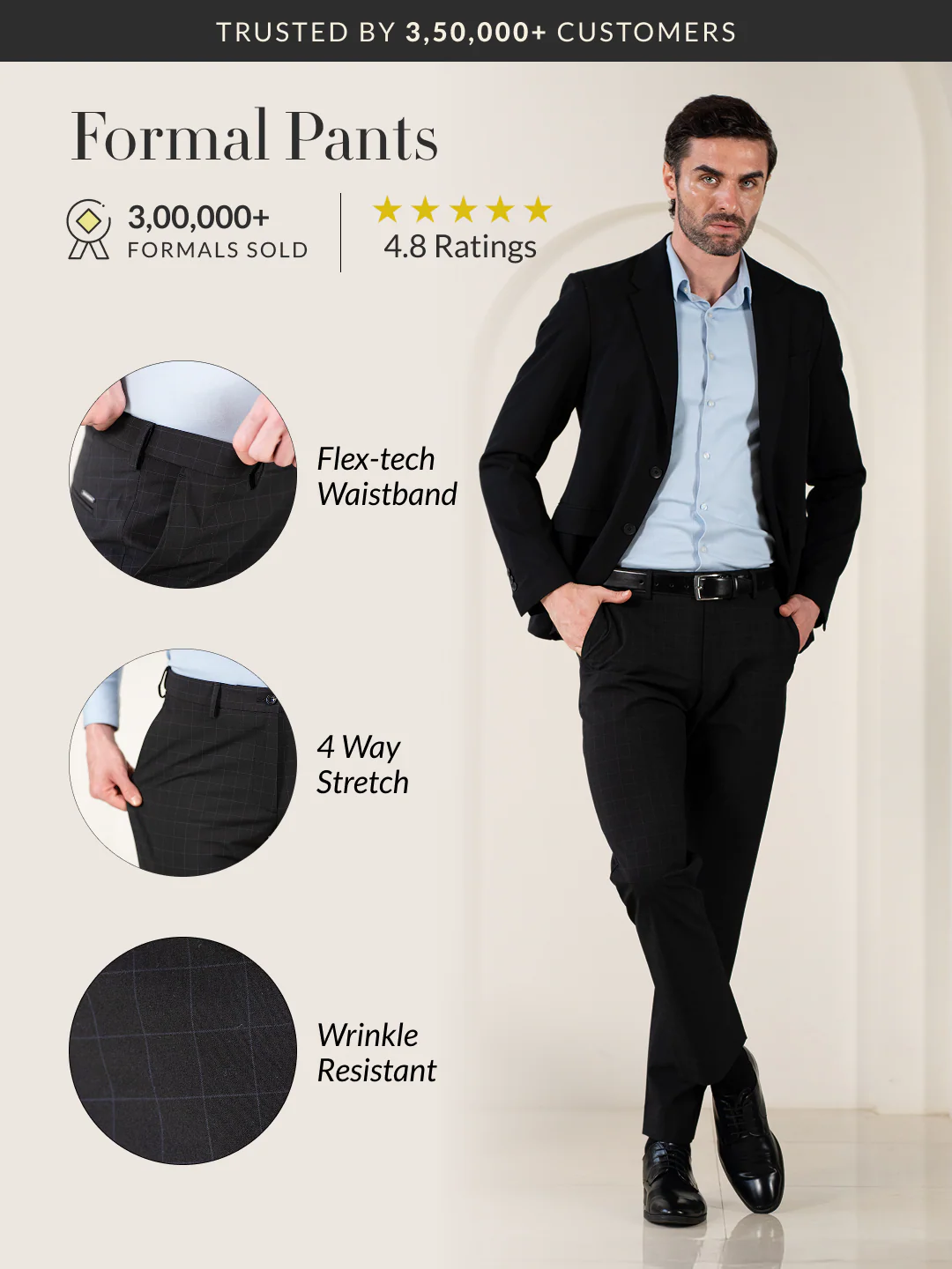 Cartographer Black Checks Relaxed Fit Stretch Formal Pants - Image 2