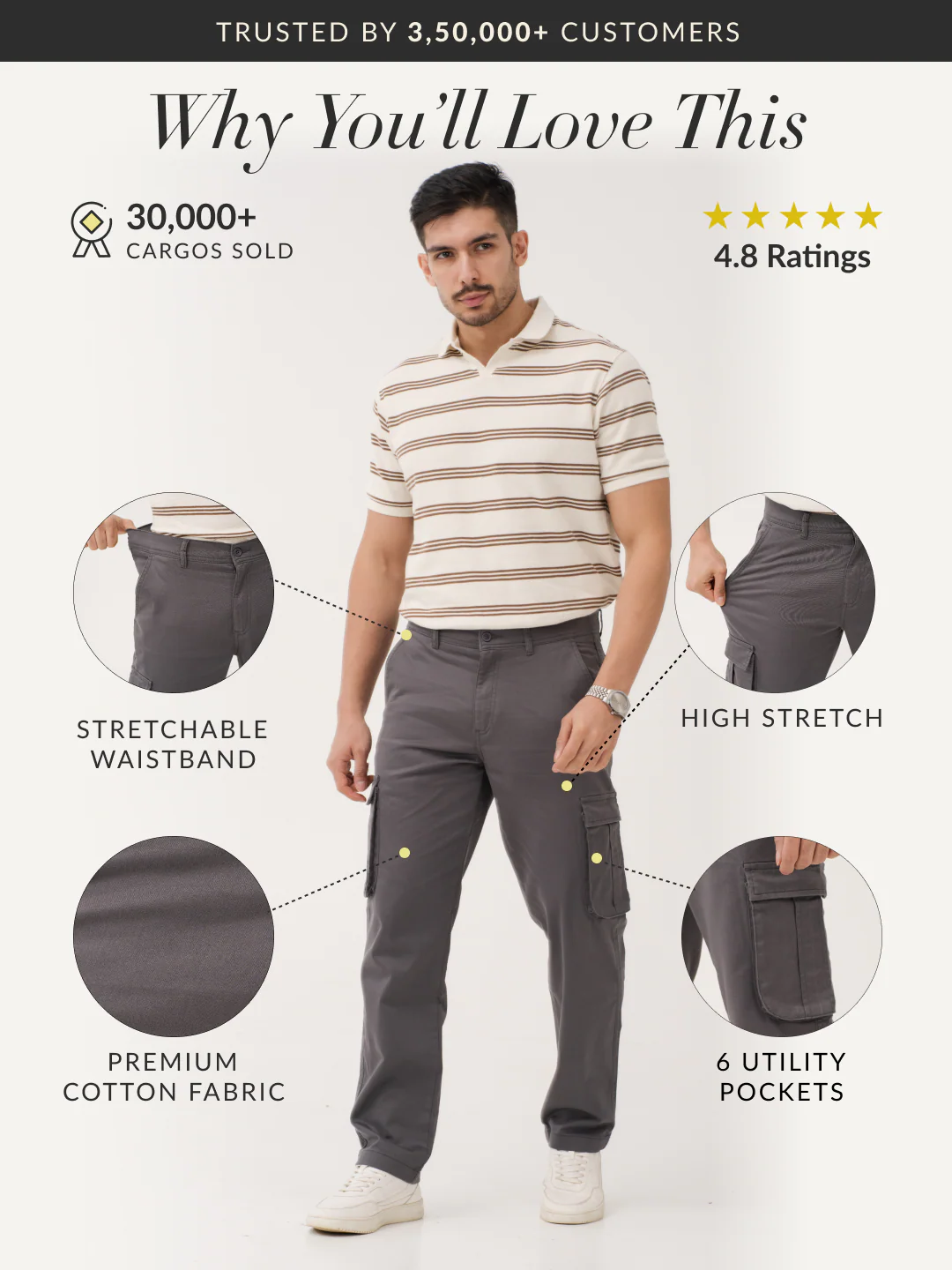 Cave Grey Relaxed Fit Stretch Cargo Pants - Image 3