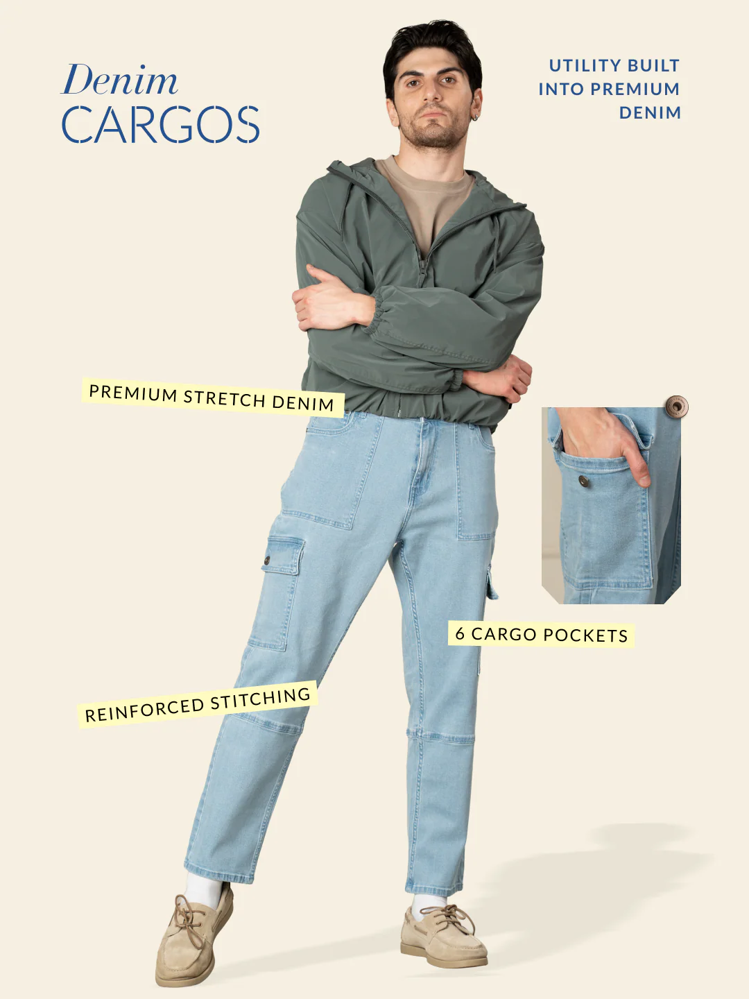 Cloudline Blue Relaxed Fit Denim Cargos - Image 3