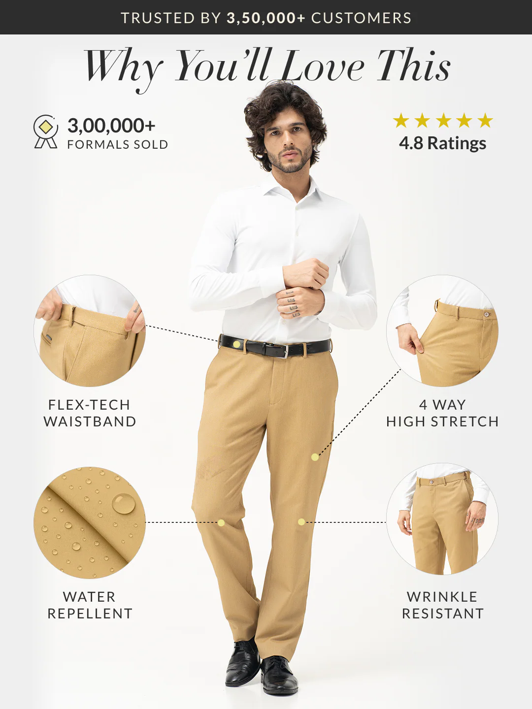 Cobblestone Khaki Textured Water Repellent Relaxed Fit Stretch Formal Pants - Image 2