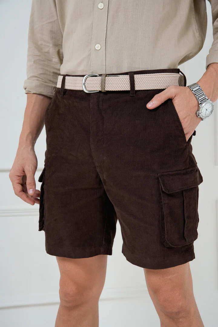 Coffee Brown Corduroy Stretch Cargo Shorts - Image 4