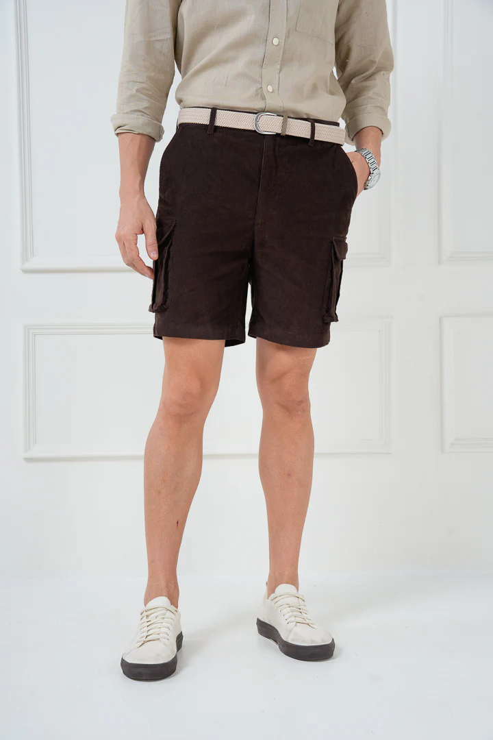 Coffee Brown Corduroy Stretch Cargo Shorts - Image 5