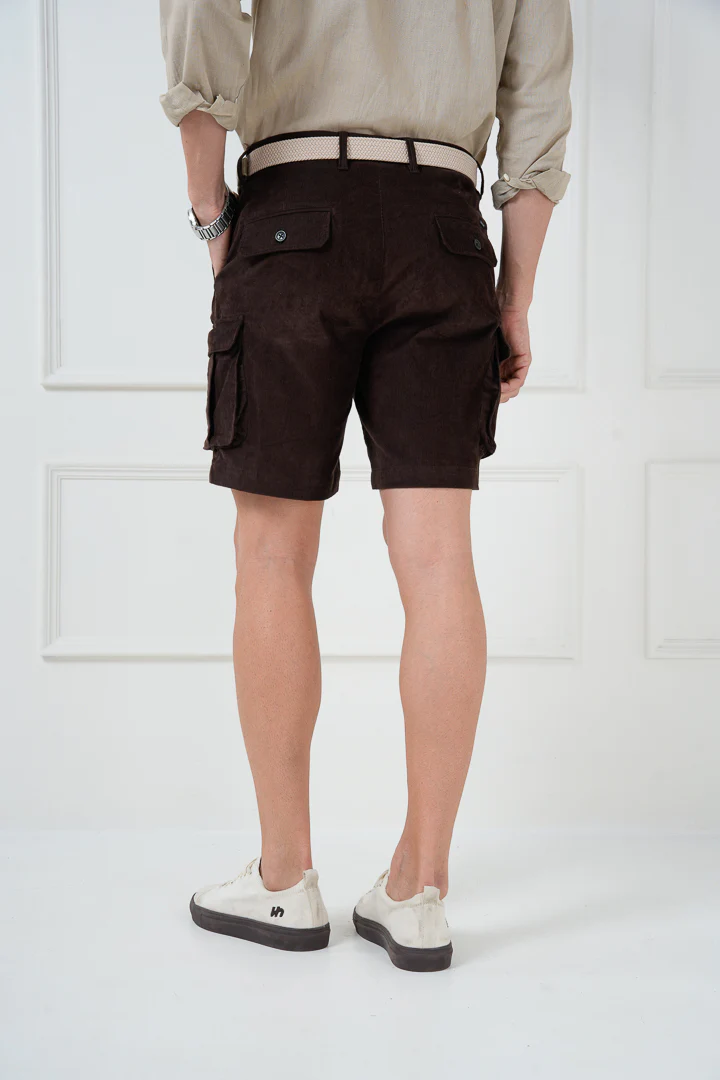 Coffee Brown Corduroy Stretch Cargo Shorts - Image 6