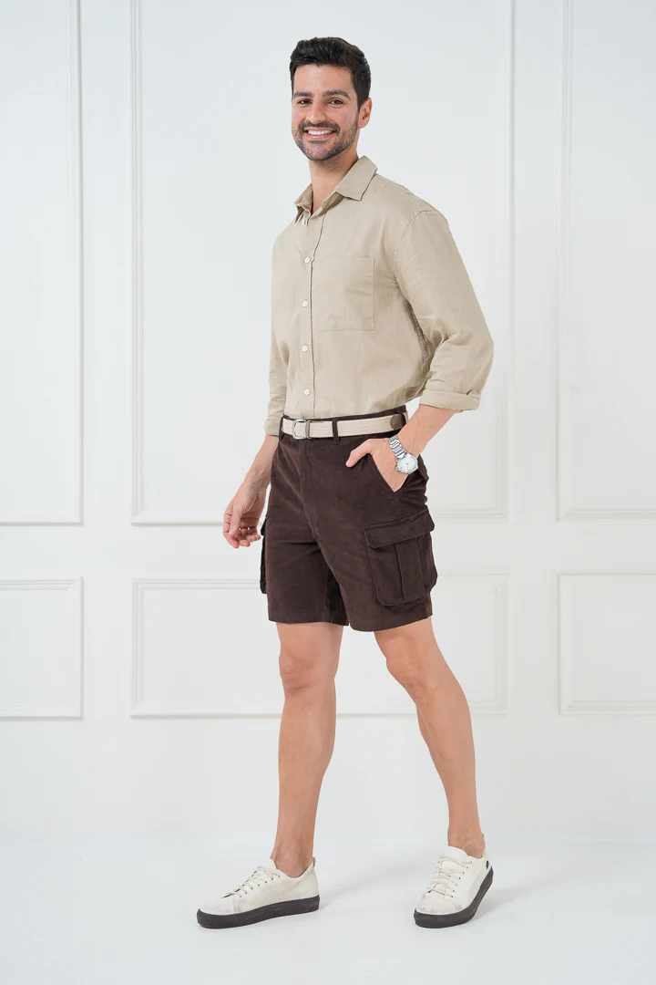 Coffee Brown Corduroy Stretch Cargo Shorts - Image 7