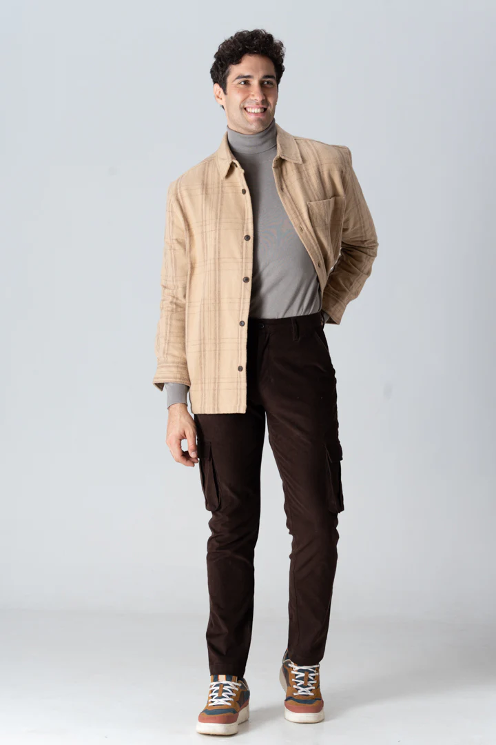 Coffee Brown Corduroy Stretch Cargo Pants - Image 3