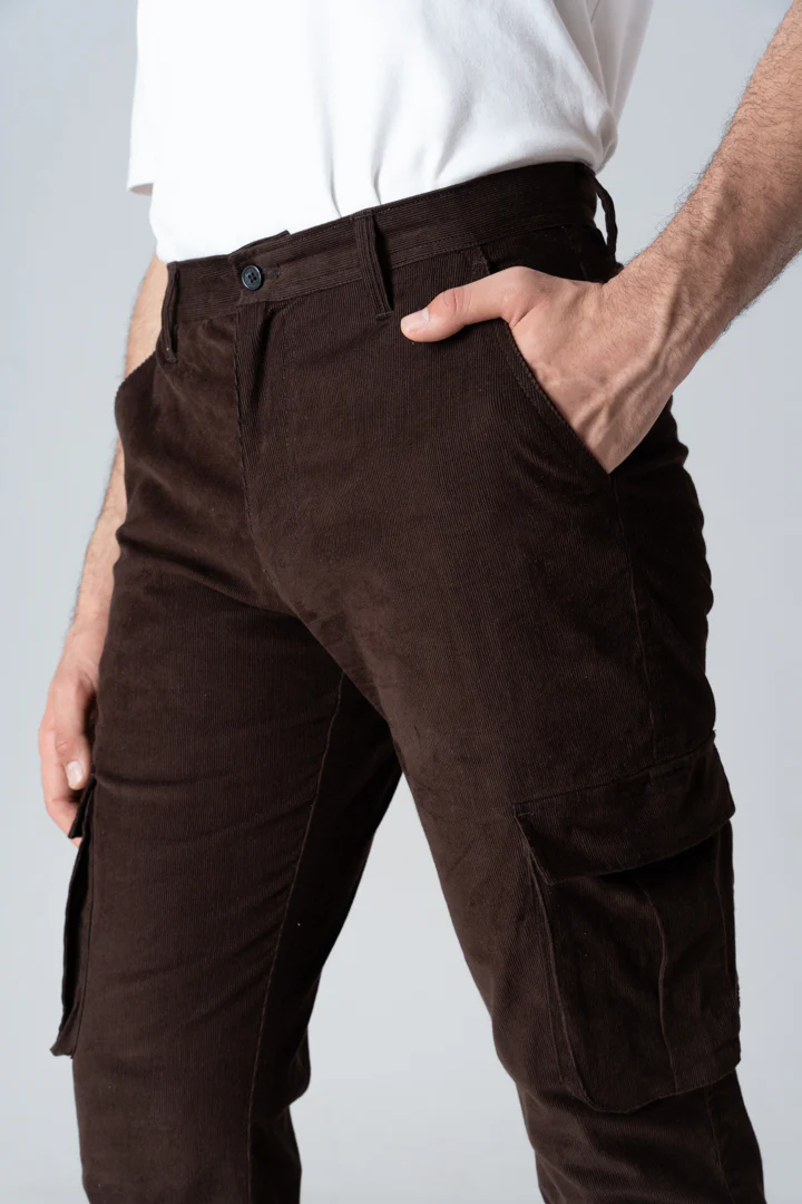 Coffee Brown Corduroy Stretch Cargo Pants - Image 4