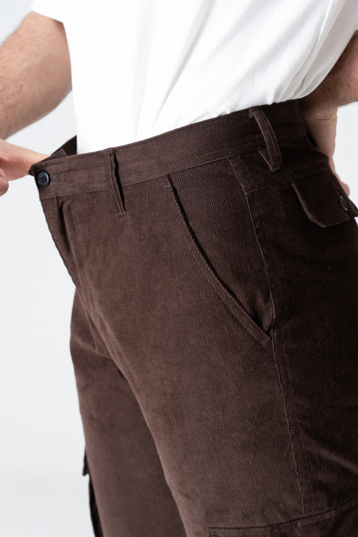 Coffee Brown Corduroy Stretch Cargo Pants - Image 5