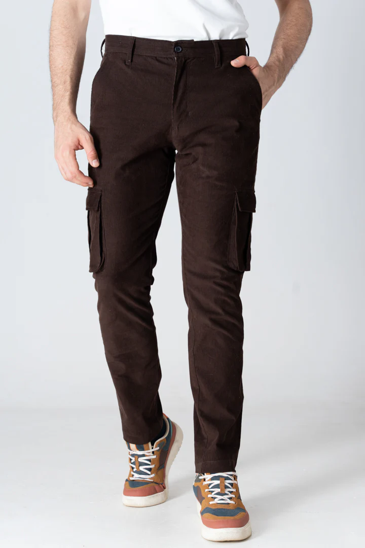 Coffee Brown Corduroy Stretch Cargo Pants - Image 6