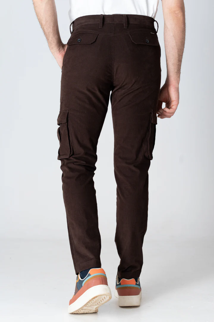 Coffee Brown Corduroy Stretch Cargo Pants - Image 7