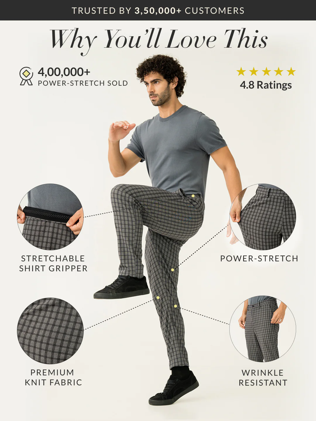 Crow Black Checks Slim Fit Power Stretch Pants - Image 3