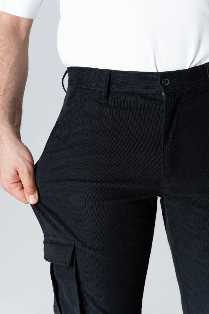 Black Corduroy Stretch Cargo Pants - Image 2