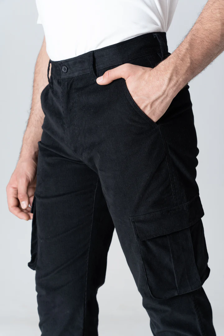 Black Corduroy Stretch Cargo Pants - Image 4