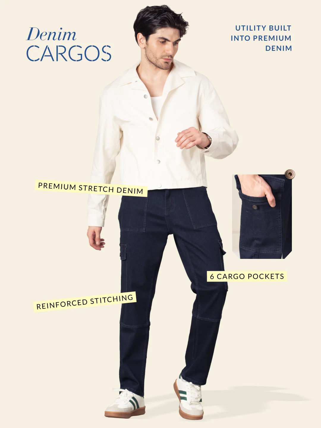 Depth Blue Relaxed Fit Denim Cargos - Image 3