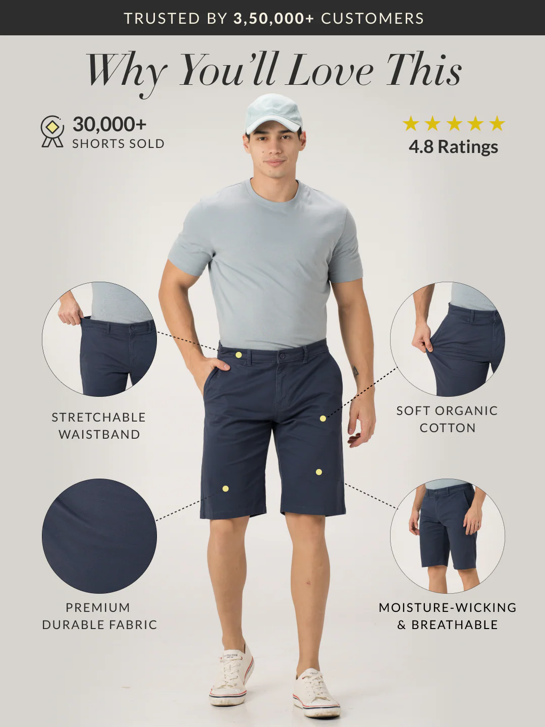 Diego Navy Stretch Chino Shorts - Image 2
