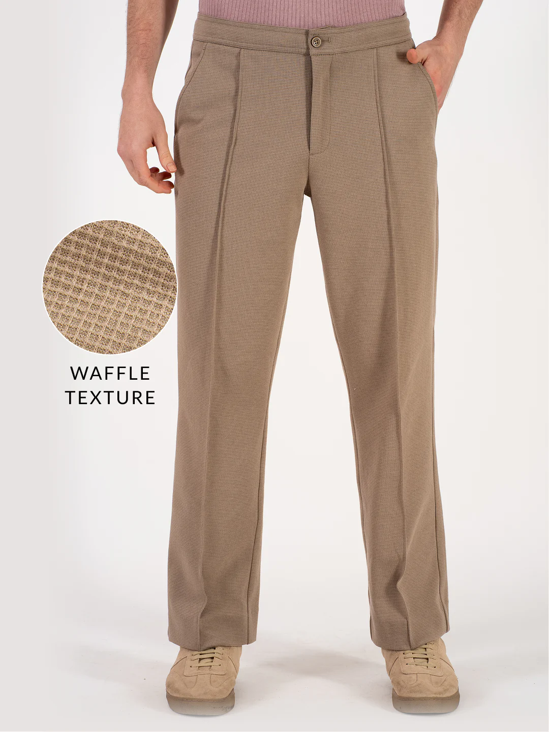Dunara Beige Relaxed Fit Power Stretch Korean Pintuck Pants - Image 2