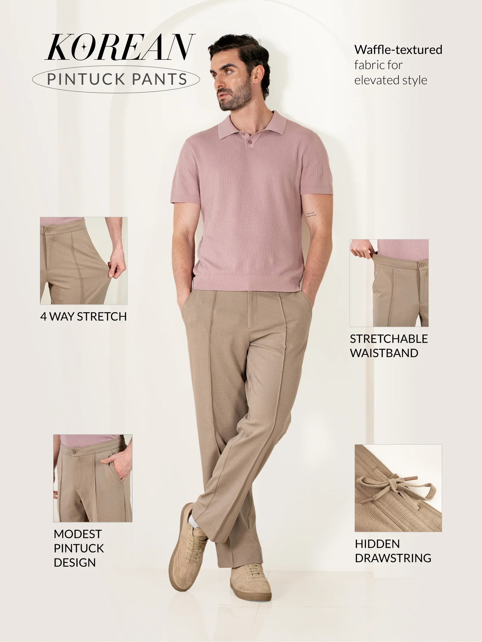 Dunara Beige Relaxed Fit Power Stretch Korean Pintuck Pants - Image 3