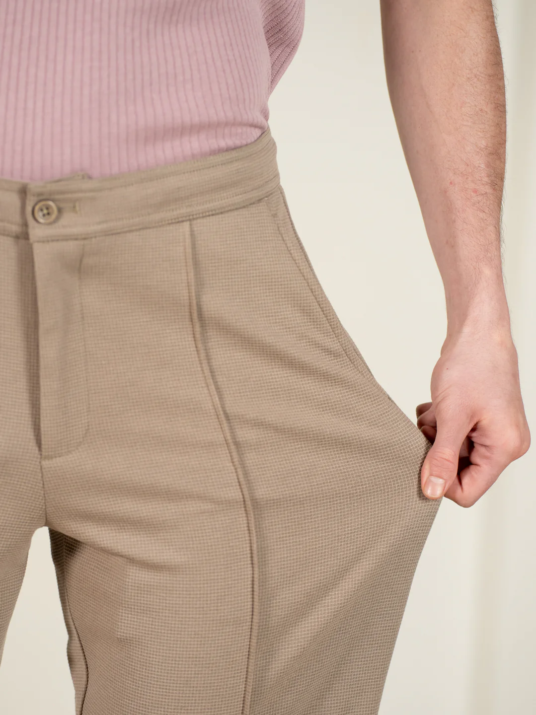 Dunara Beige Relaxed Fit Power Stretch Korean Pintuck Pants - Image 4