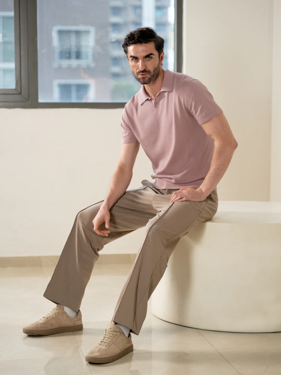 Dunara Beige Relaxed Fit Power Stretch Korean Pintuck Pants - Image 8
