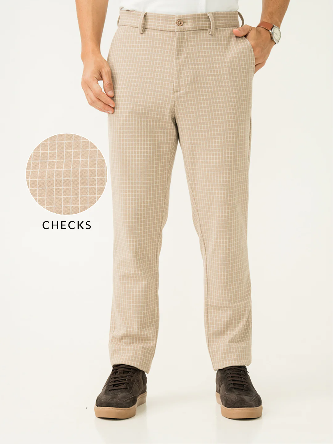 Bikaner Khaki Checks Slim Fit Power Stretch Pants - Image 2