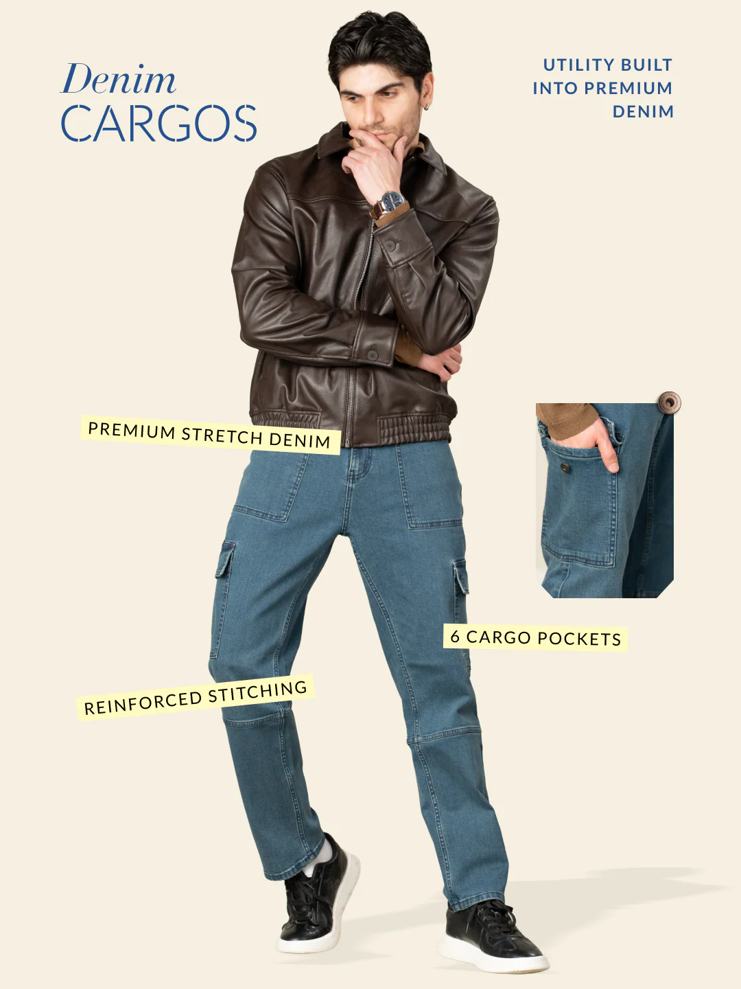 Dusty Blue Relaxed Fit Denim Cargos - Image 3