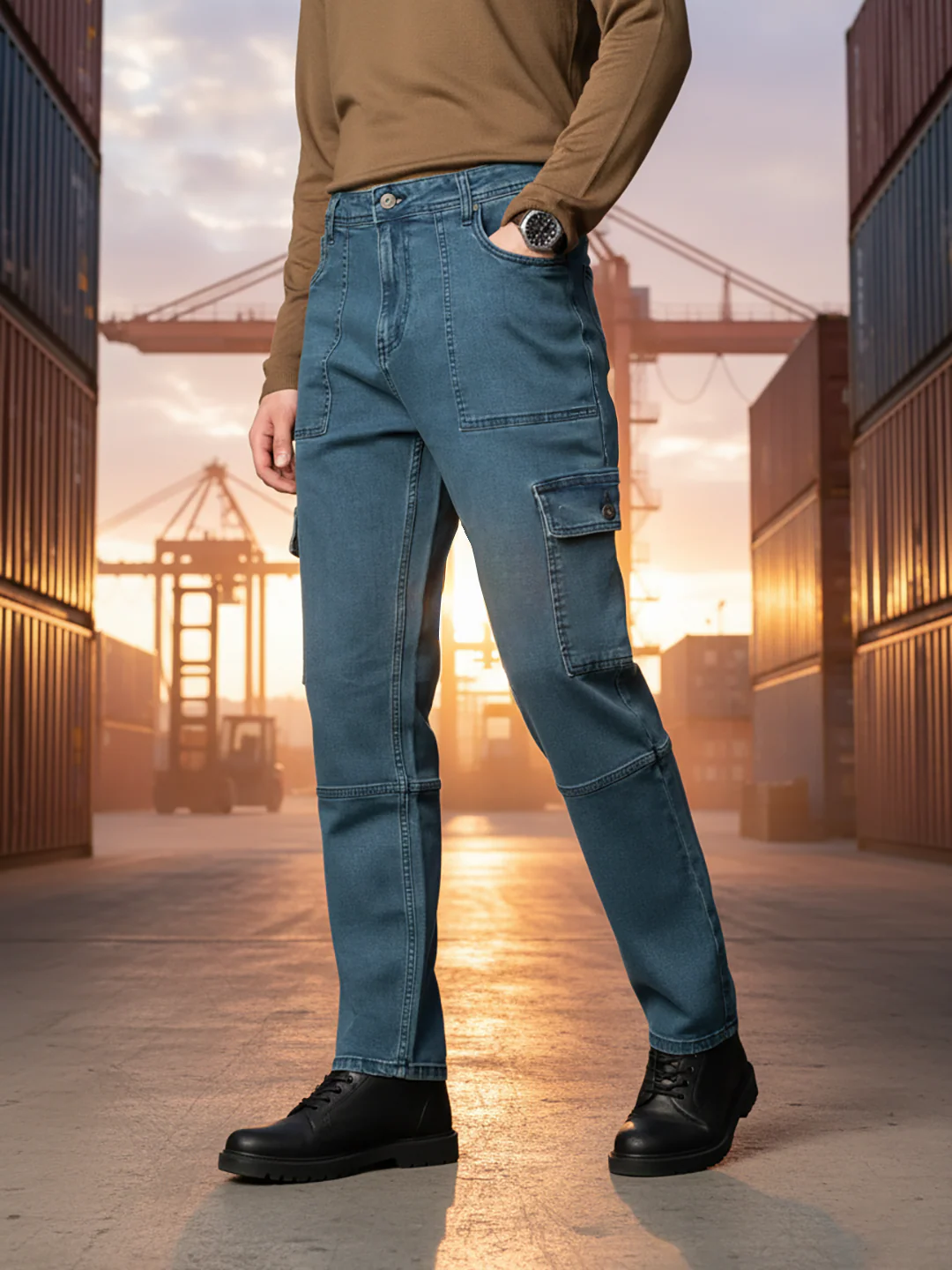 Dusty Blue Relaxed Fit Denim Cargos - Image 5