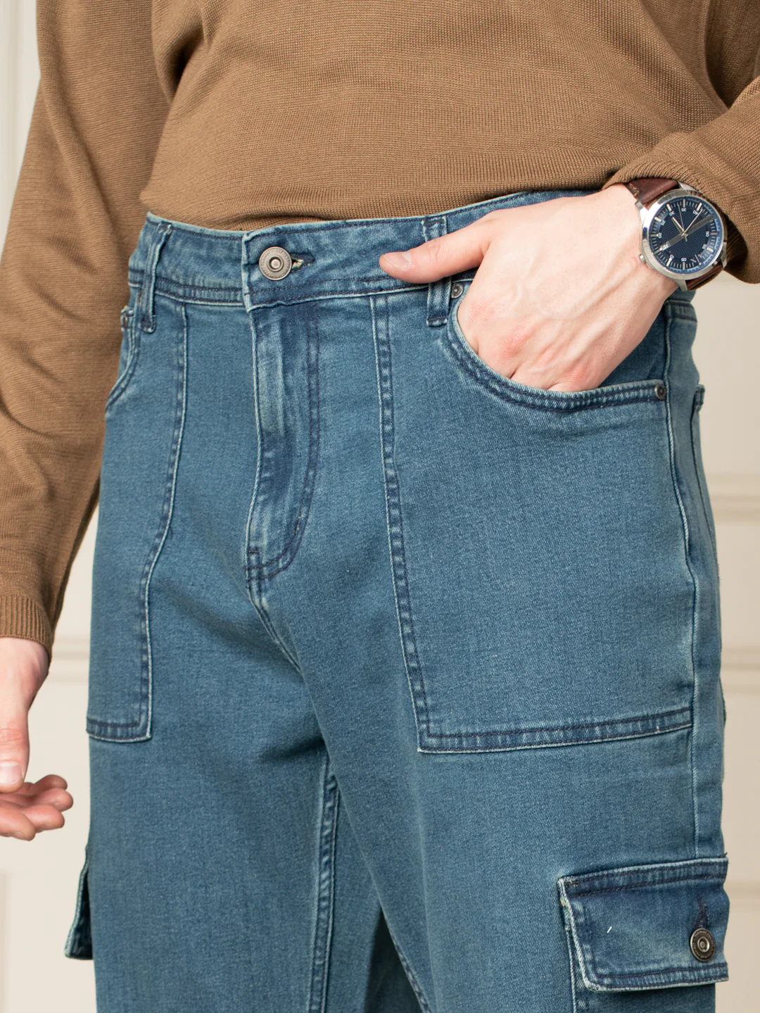 Dusty Blue Relaxed Fit Denim Cargos - Image 6