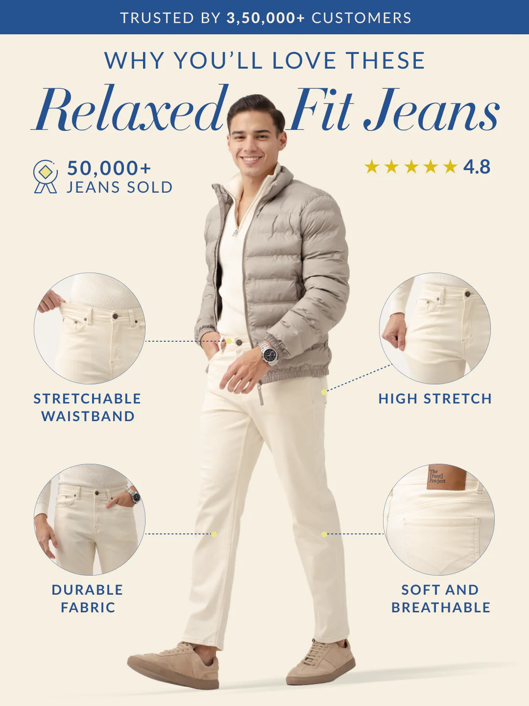 Ecru Beige Relaxed Fit Jeans - Image 3