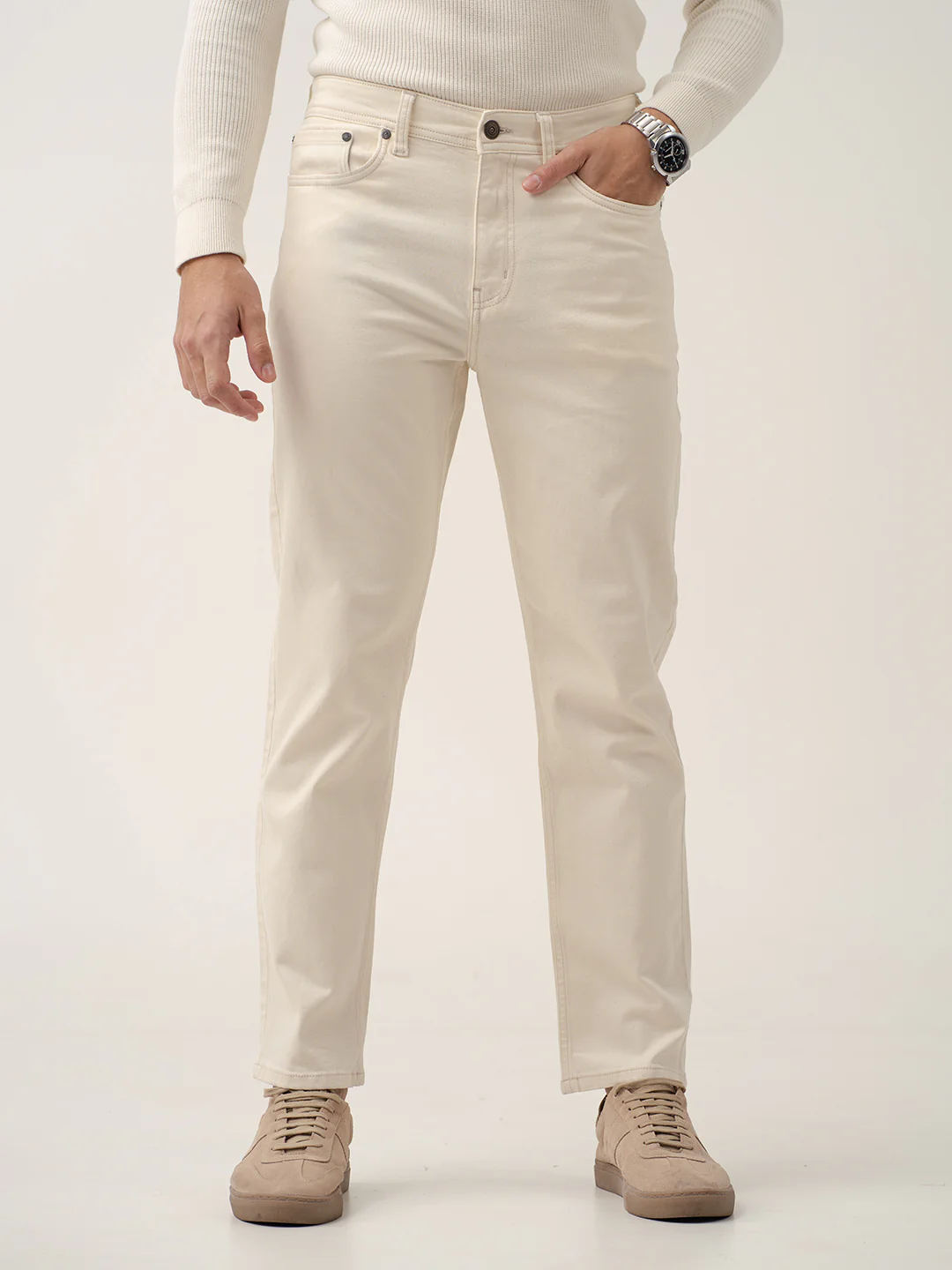 Ecru Beige Relaxed Fit Jeans - Image 8