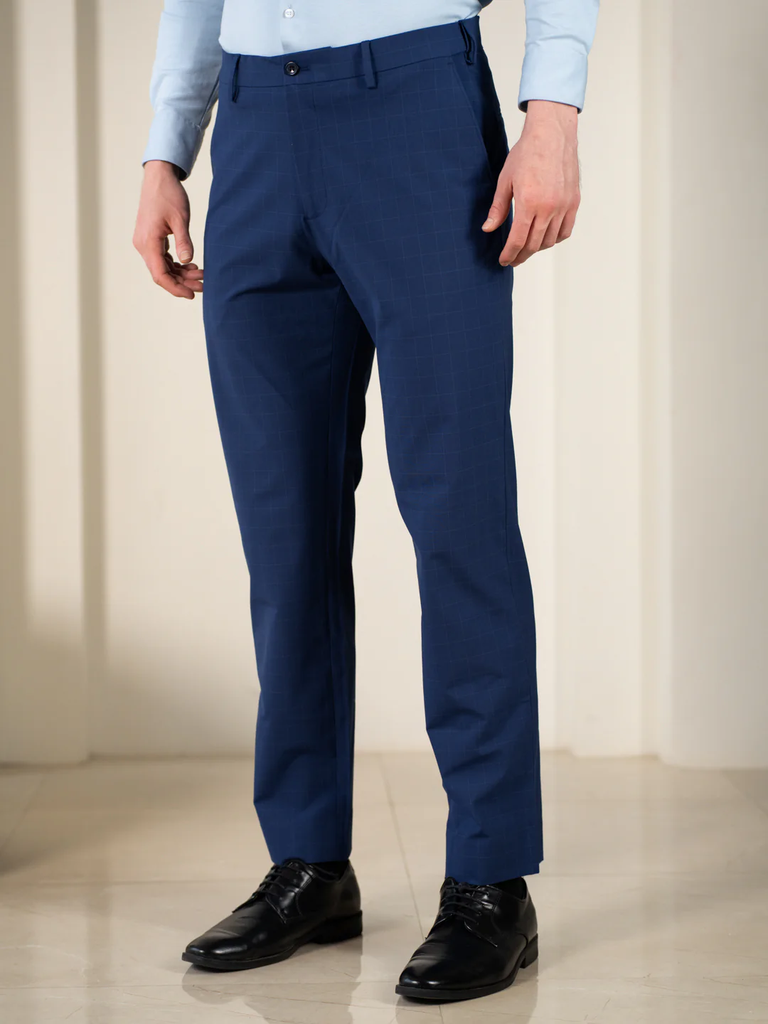Editor Blue Checks Relaxed Fit Stretch Formal Pants - Image 6