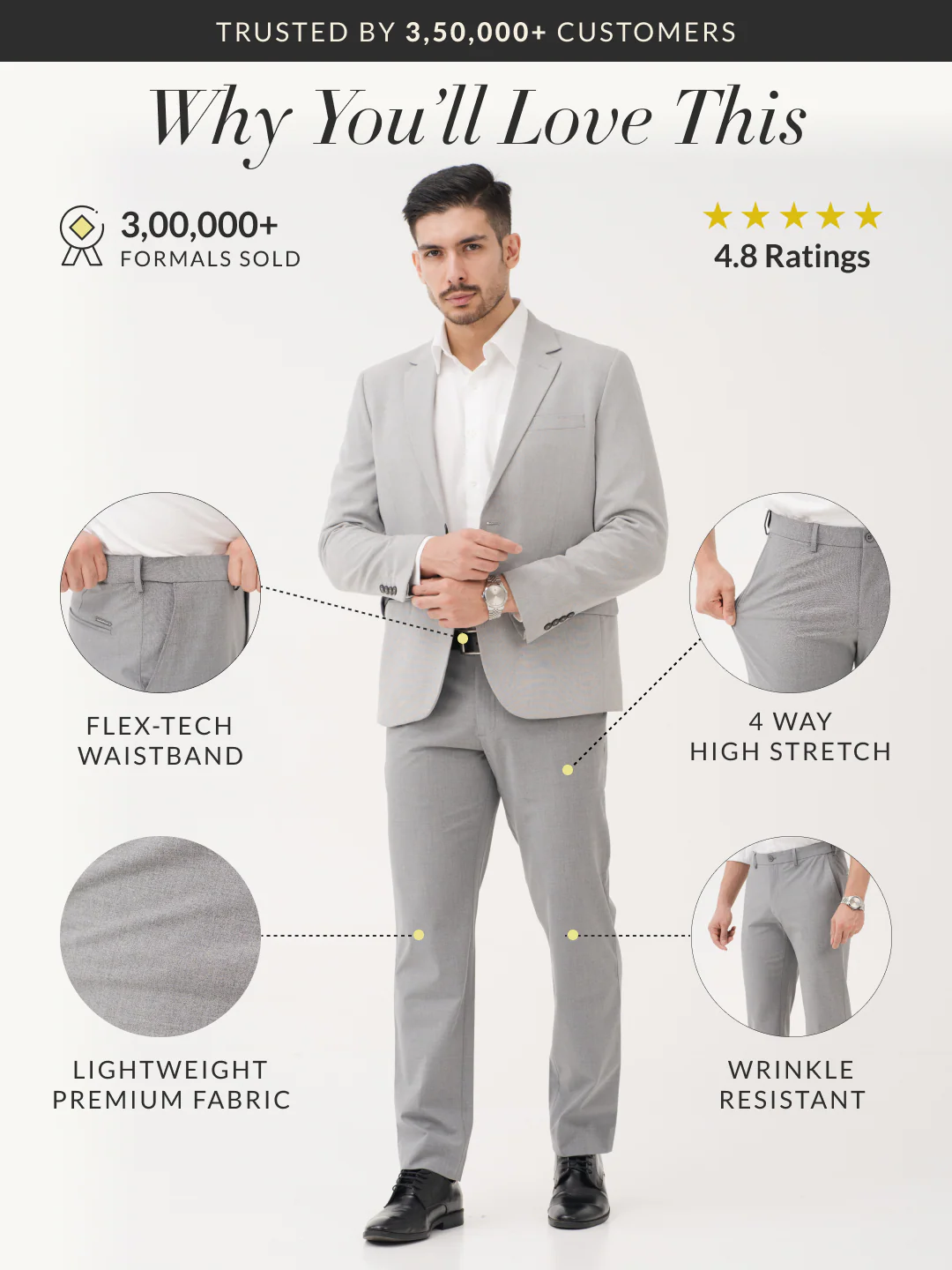 Effortless Grey Relaxed Fit Stretch Formal Pants - Image 3